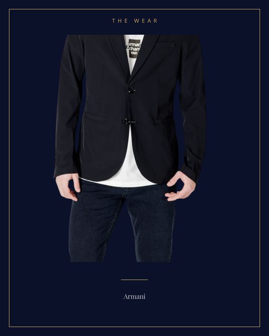 THE WEAR — Armani soft black jacket, framed editorial plate on navy