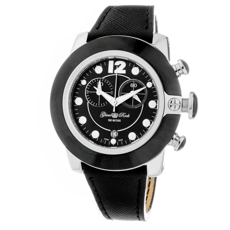 GLAM ROCK Black Leather Dress Watch