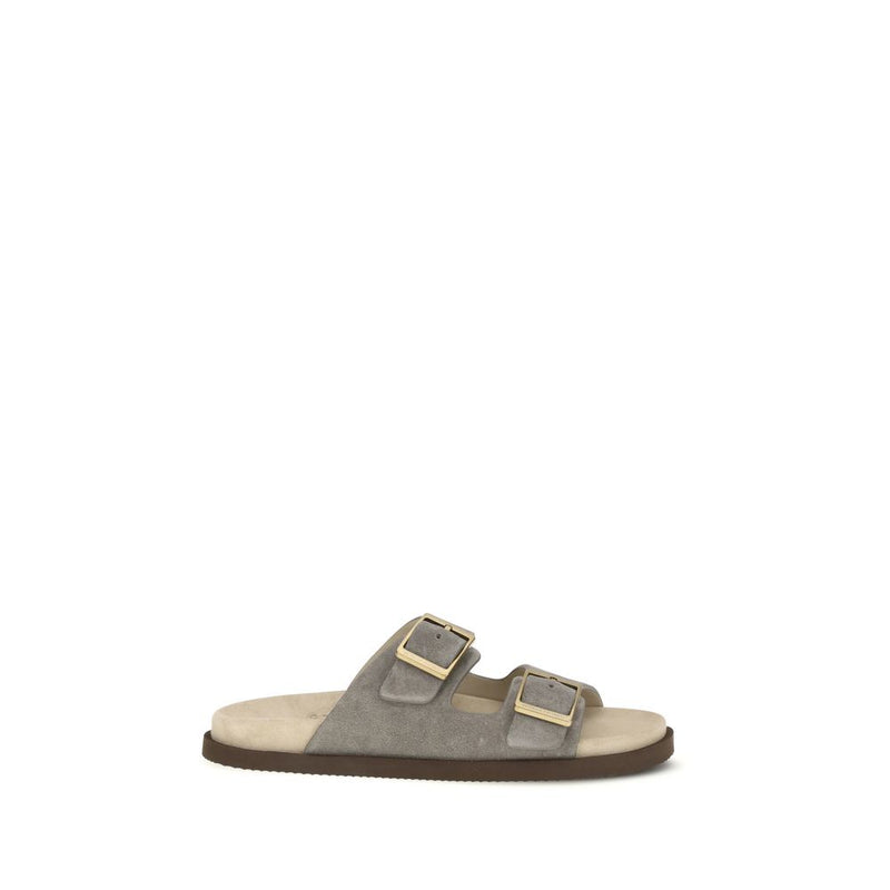 Brunello Cucinelli Gray Calf Leather Bos Taurus Flat Sandals