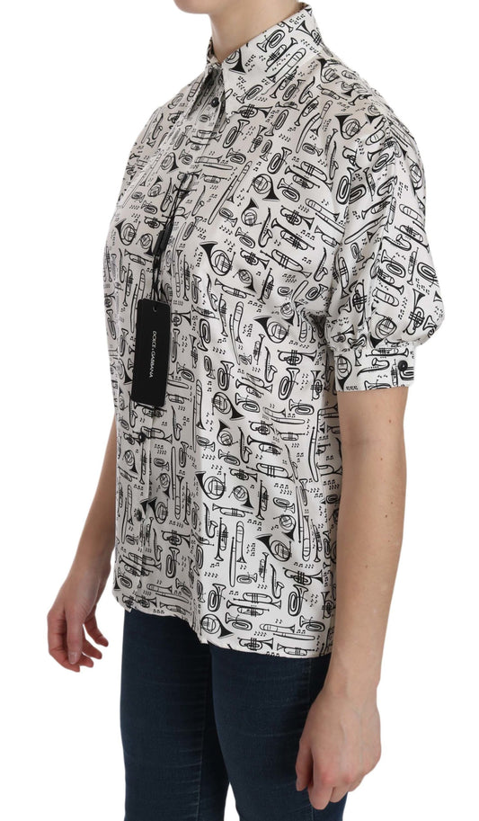 Dolce & Gabbana White Musical Instrument Collared Blouse  Shirt - ClickThatClicks 