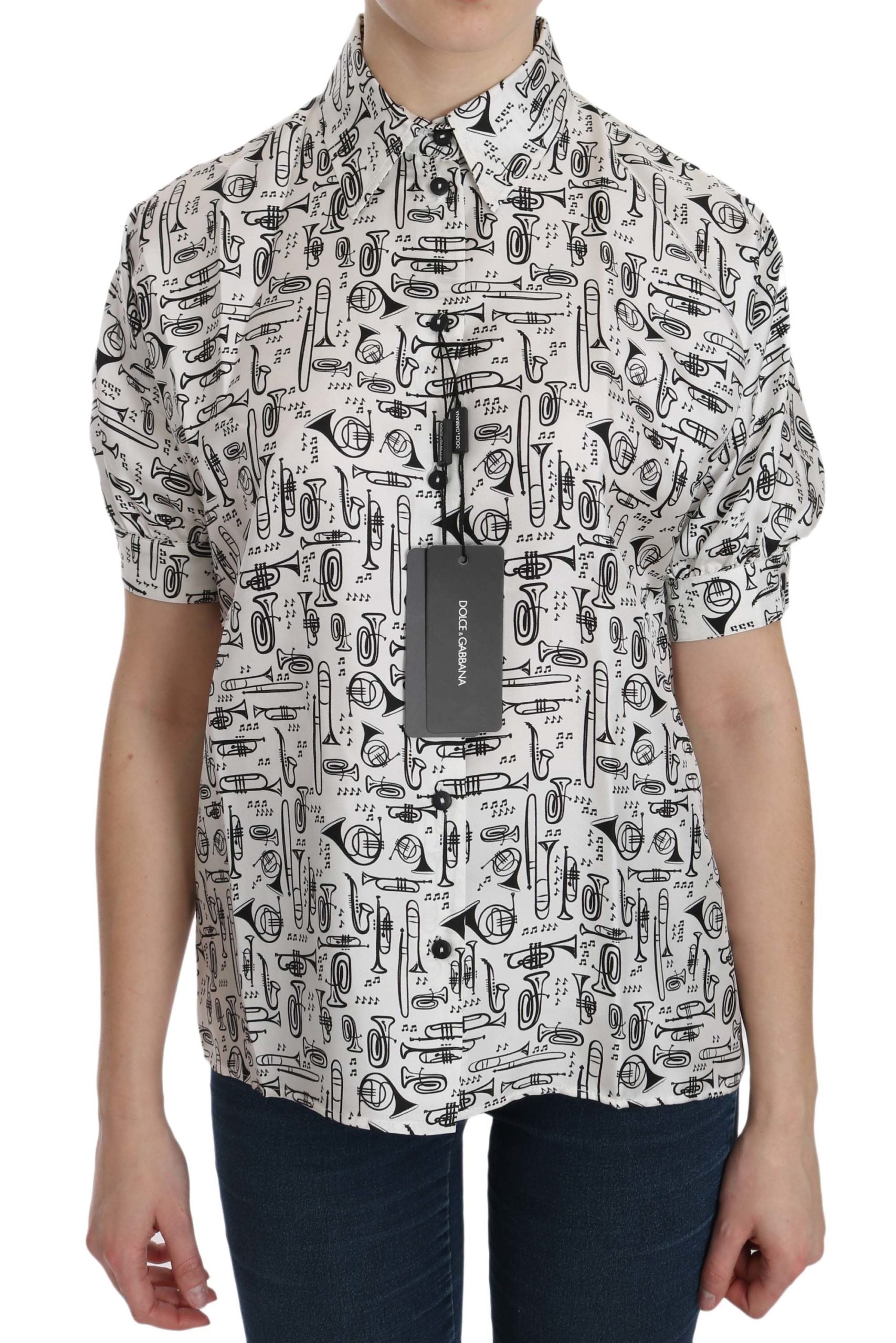 Dolce & Gabbana White Musical Instrument Collared Blouse  Shirt - ClickThatClicks 