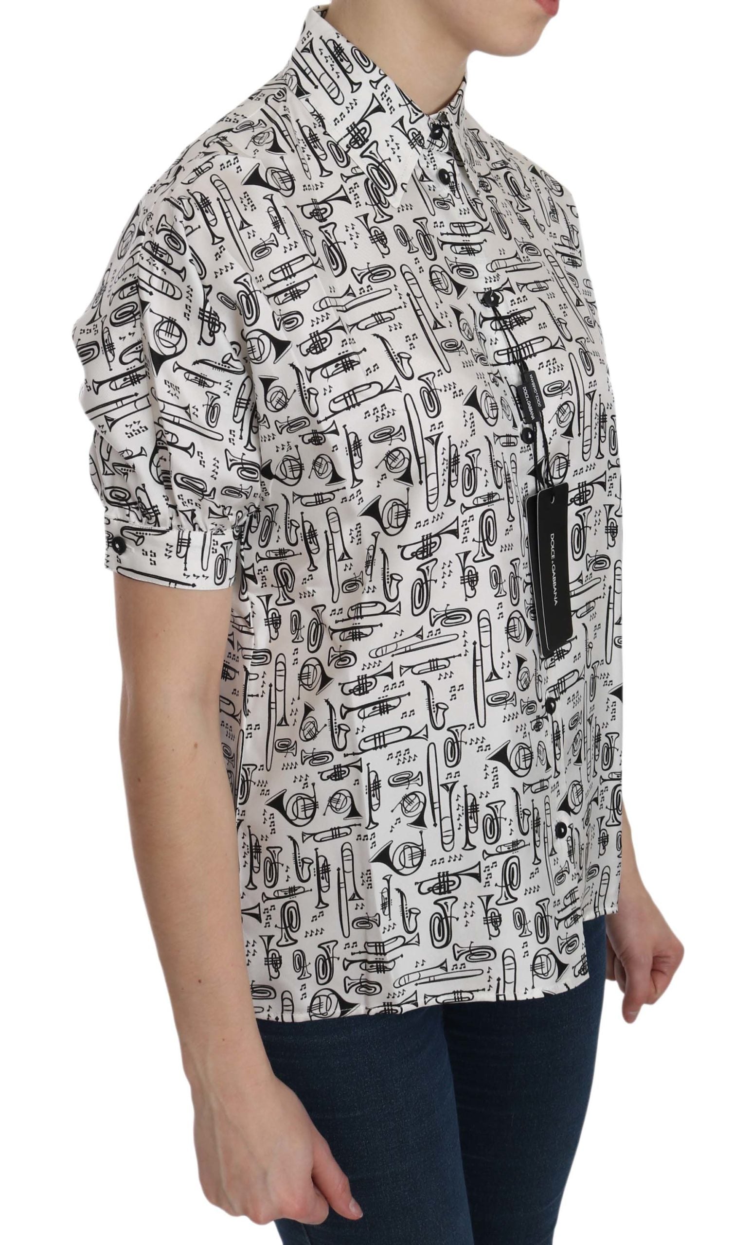 Dolce & Gabbana White Musical Instrument Collared Blouse  Shirt - ClickThatClicks 