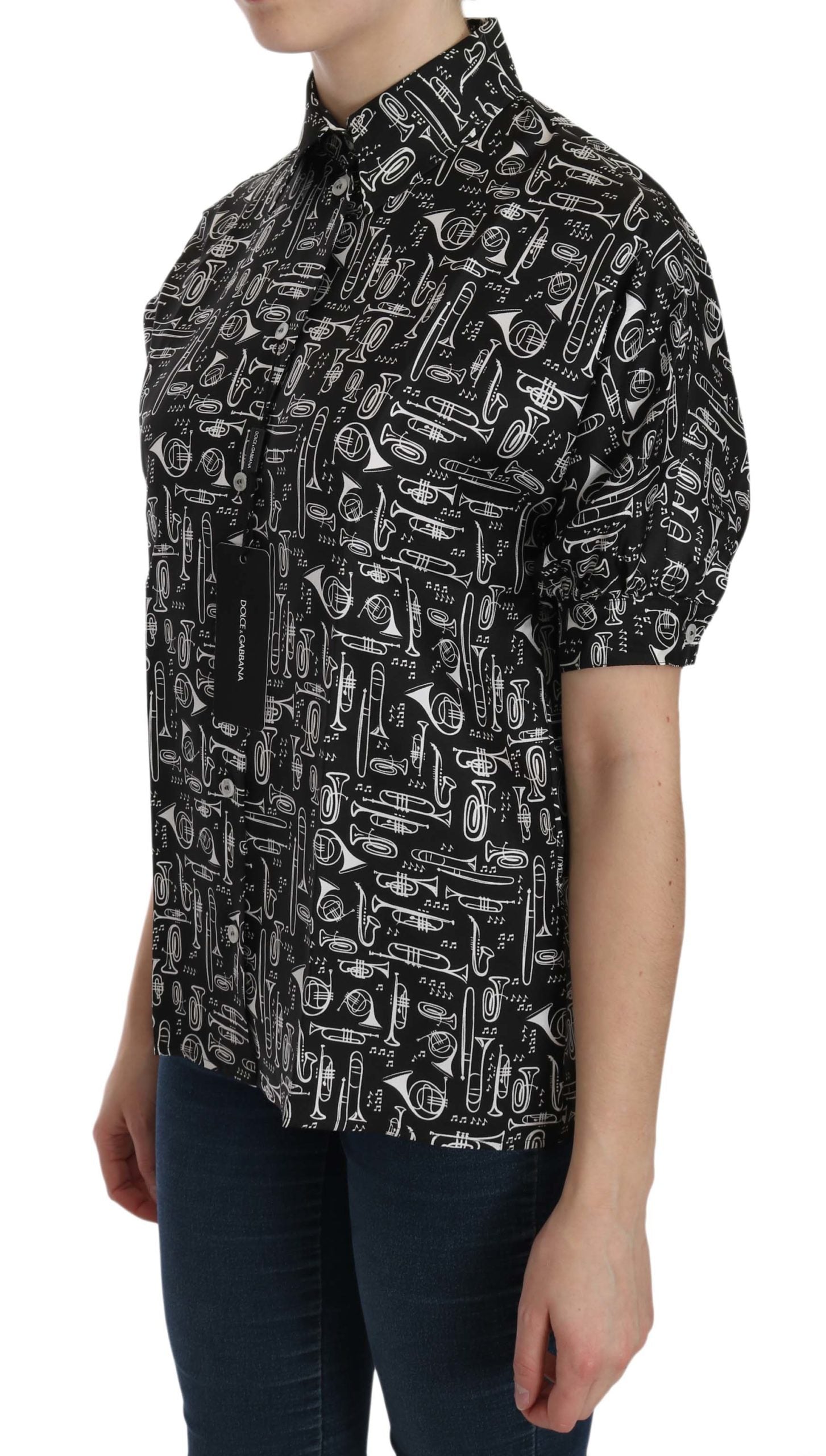 Dolce & Gabbana Black Musical Instrument Collared Blouse Shirt - ClickThatClicks 