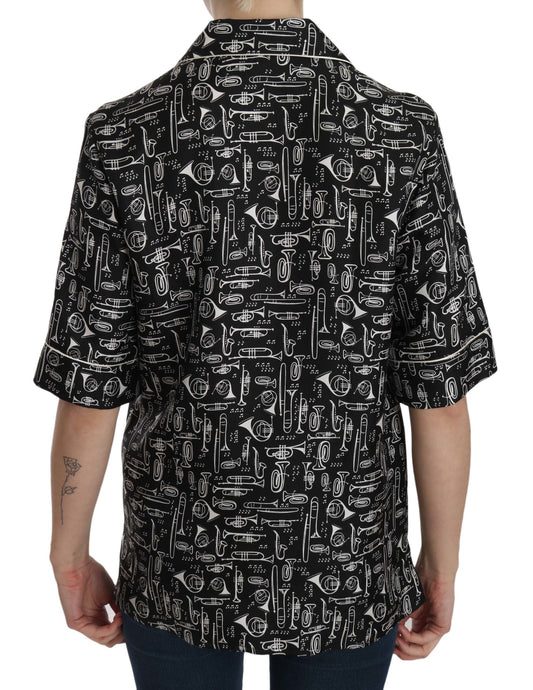 Dolce & Gabbana Black Musical Instrument Print Silk  Top - ClickThatClicks 