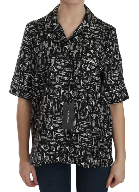 Dolce & Gabbana Black Musical Instrument Print Silk  Top - ClickThatClicks 