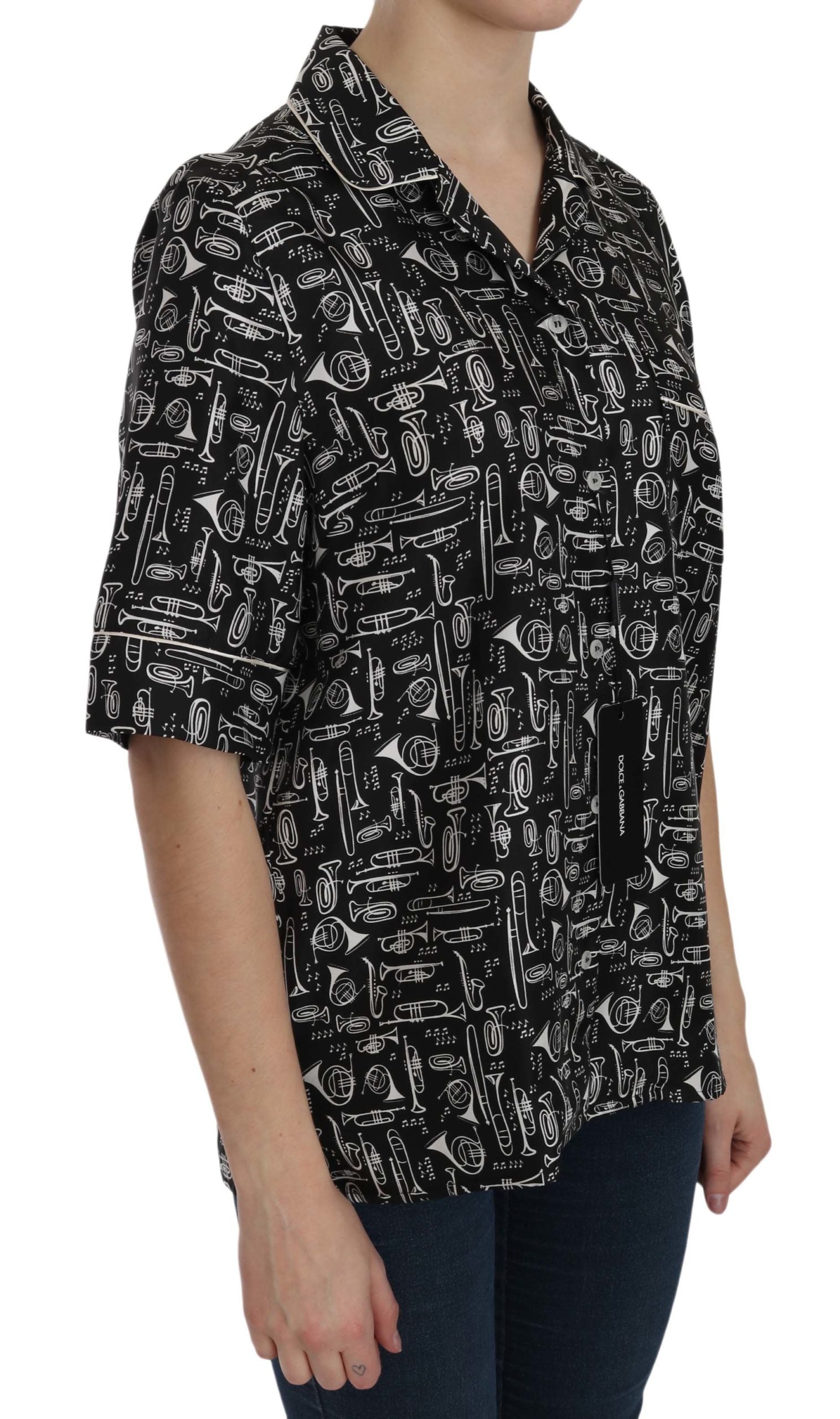 Dolce & Gabbana Black Musical Instrument Print Silk  Top - ClickThatClicks 