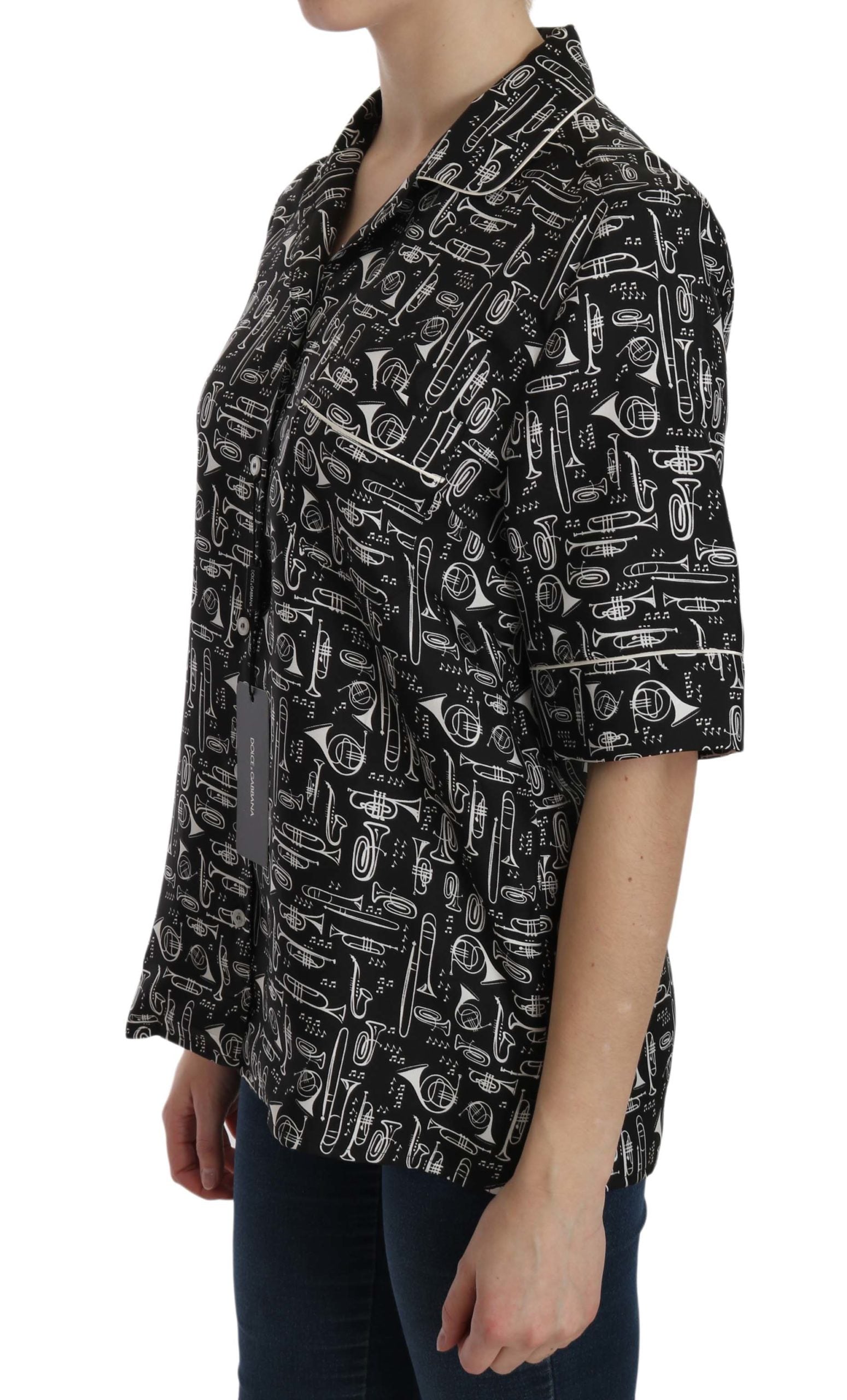 Dolce & Gabbana Black Musical Instrument Print Silk  Top - ClickThatClicks 