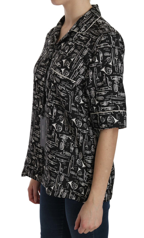 Dolce & Gabbana Black Musical Instrument Print Silk  Top - ClickThatClicks 