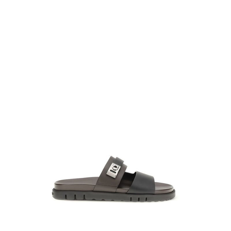 Ferragamo Black Calf Leather Bos Taurus Flat Sandals - ClickThatClicks 
