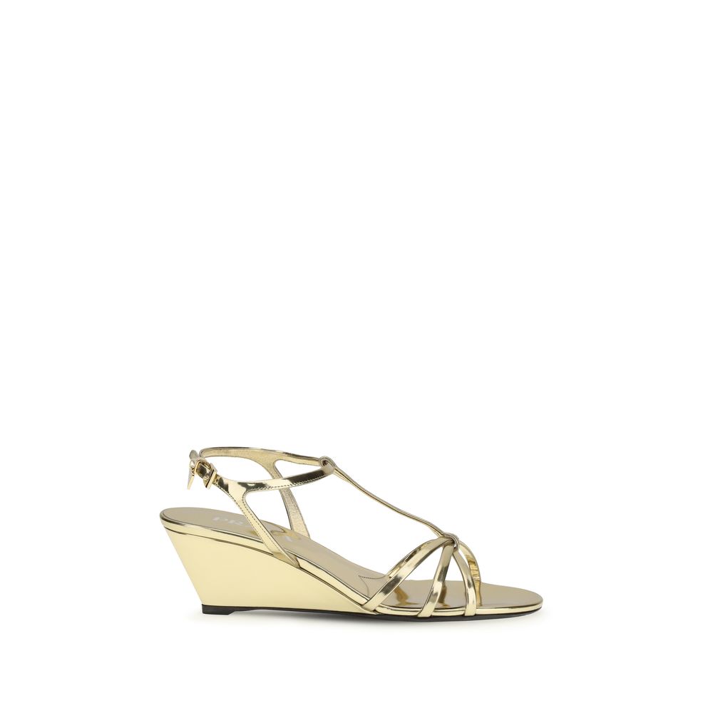 Prada Gold Calf Leather Bos Taurus Wedge Sandals - ClickThatClicks 