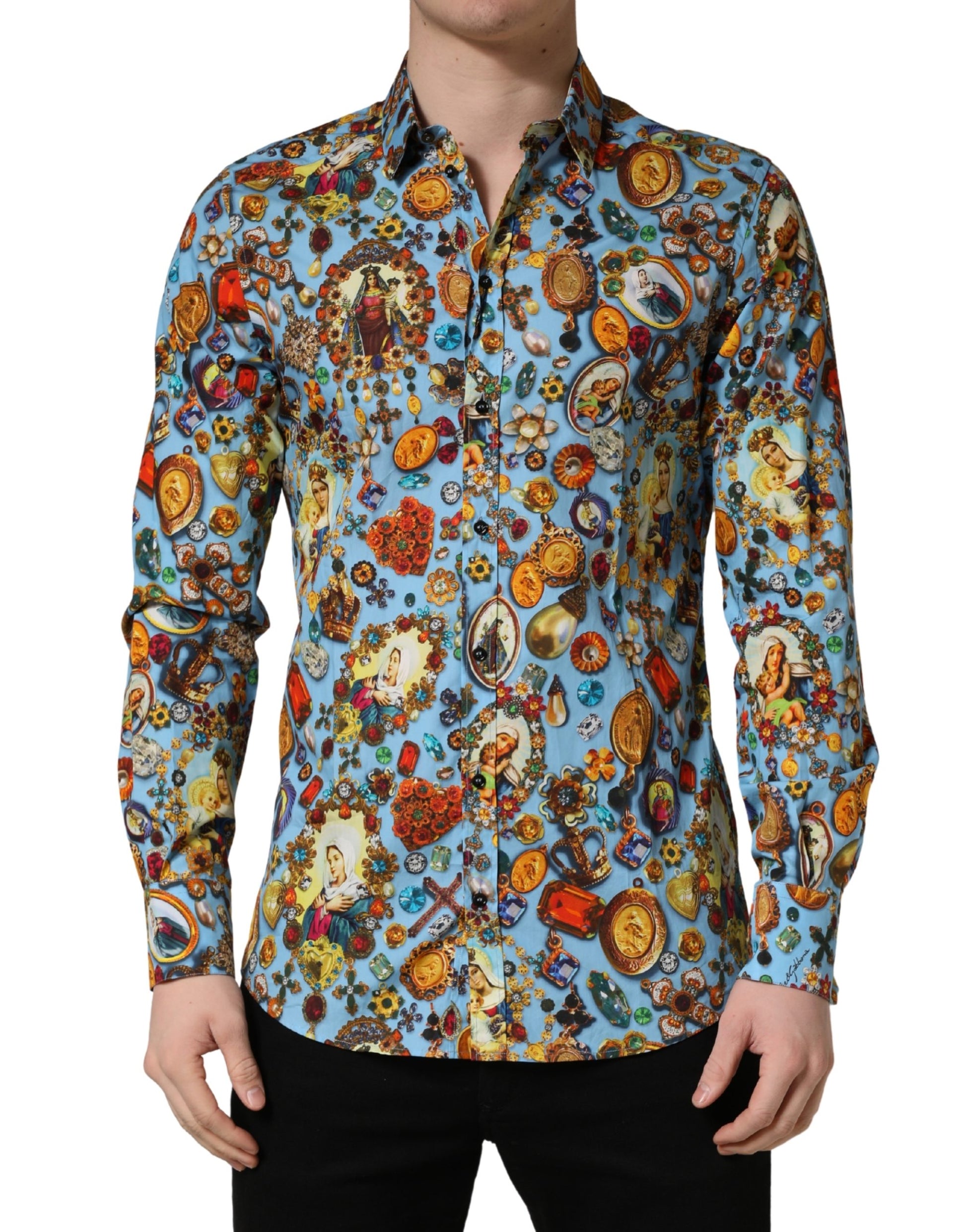 Dolce & Gabbana Blue Cotton Jewel Print Button Down GOLD Shirt - ClickThatClicks 