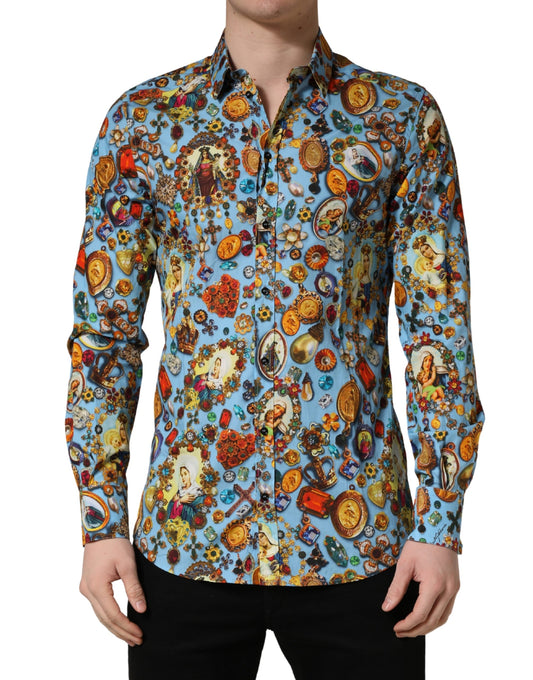 Dolce & Gabbana Blue Cotton Jewel Print Button Down GOLD Shirt - ClickThatClicks 