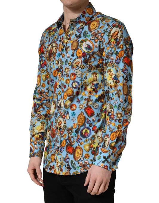 Dolce & Gabbana Blue Cotton Jewel Print Button Down GOLD Shirt - ClickThatClicks 