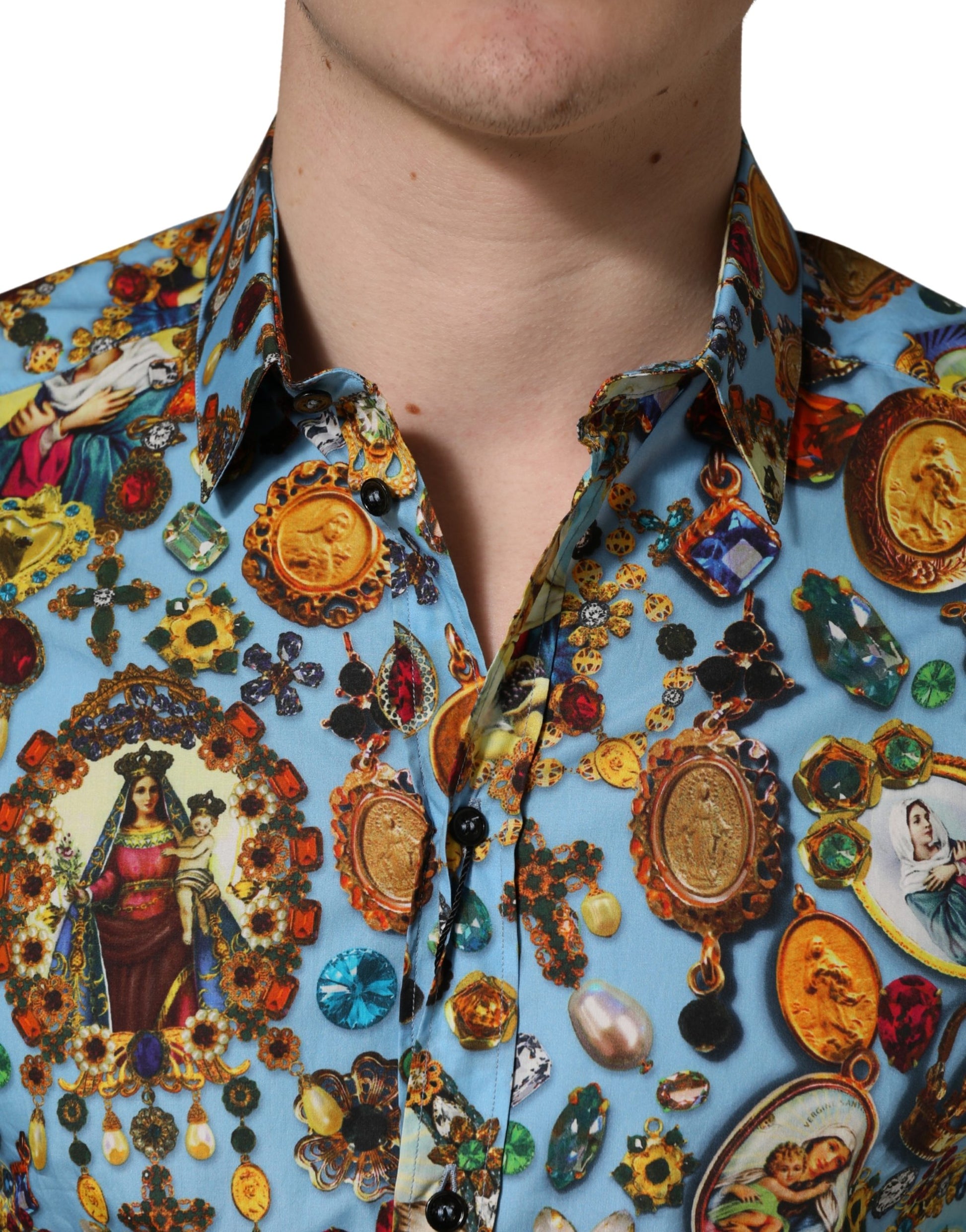Dolce & Gabbana Blue Cotton Jewel Print Button Down GOLD Shirt - ClickThatClicks 