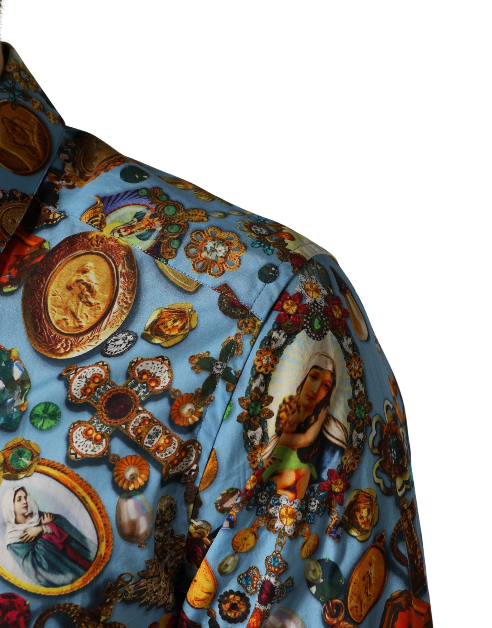 Dolce & Gabbana Blue Cotton Jewel Print Button Down GOLD Shirt - ClickThatClicks 