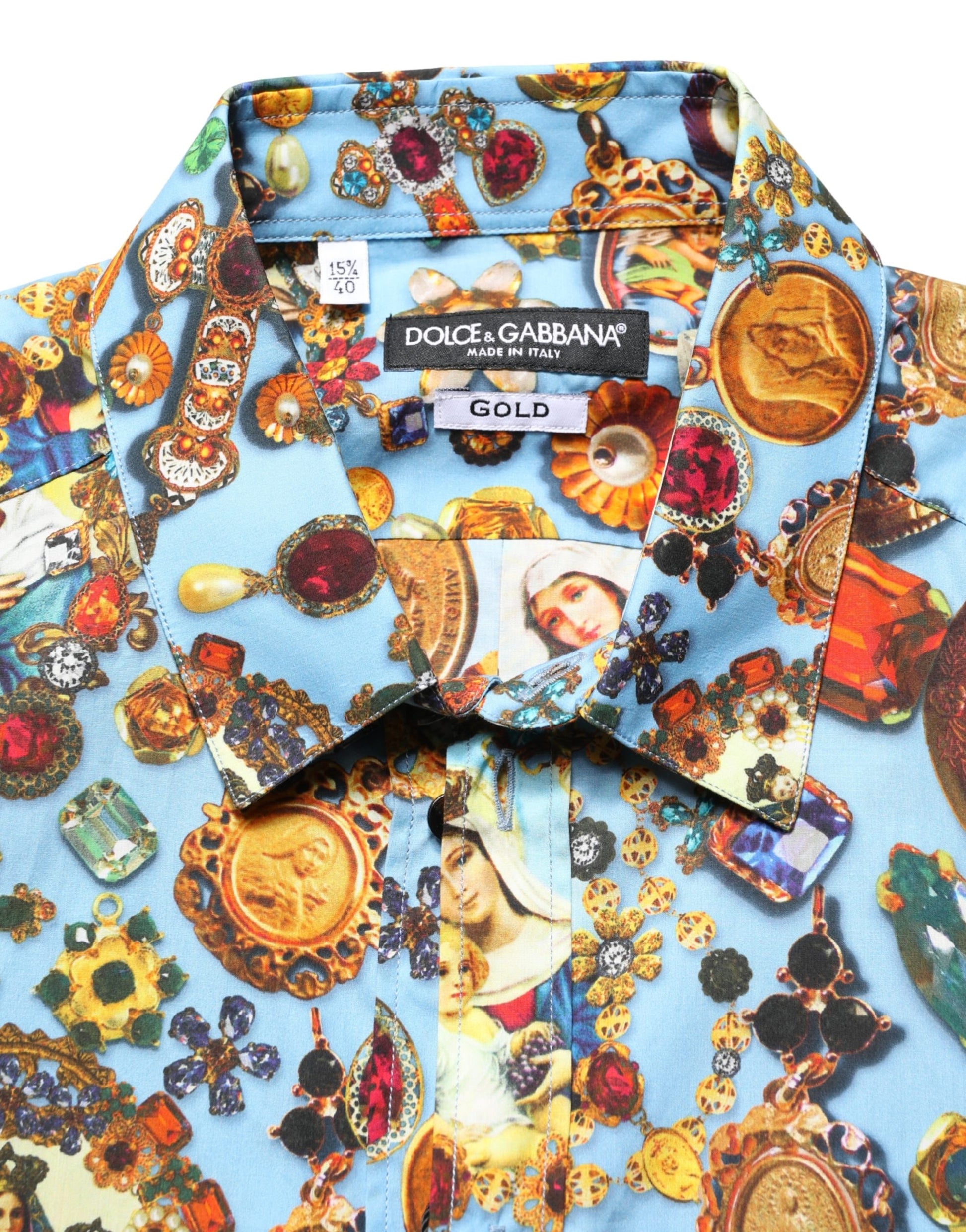 Dolce & Gabbana Blue Cotton Jewel Print Button Down GOLD Shirt - ClickThatClicks 