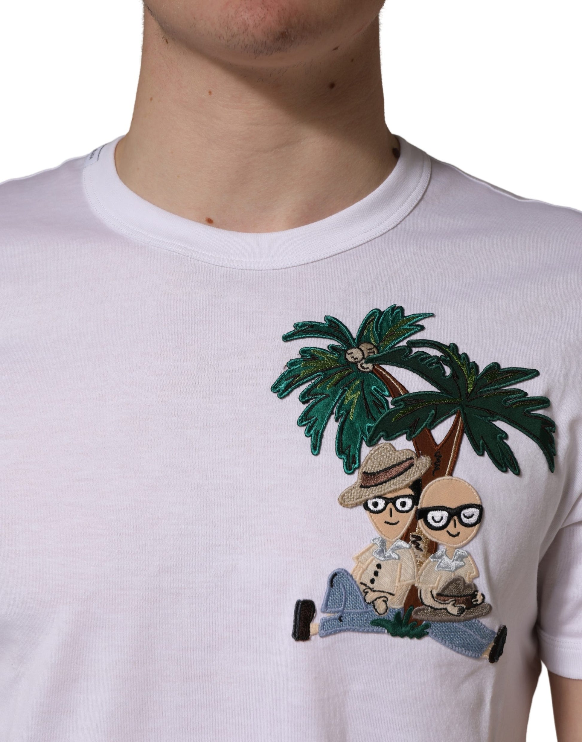 Dolce & Gabbana White Palm Embroidered Men Crew Neck T-shirt - ClickThatClicks 