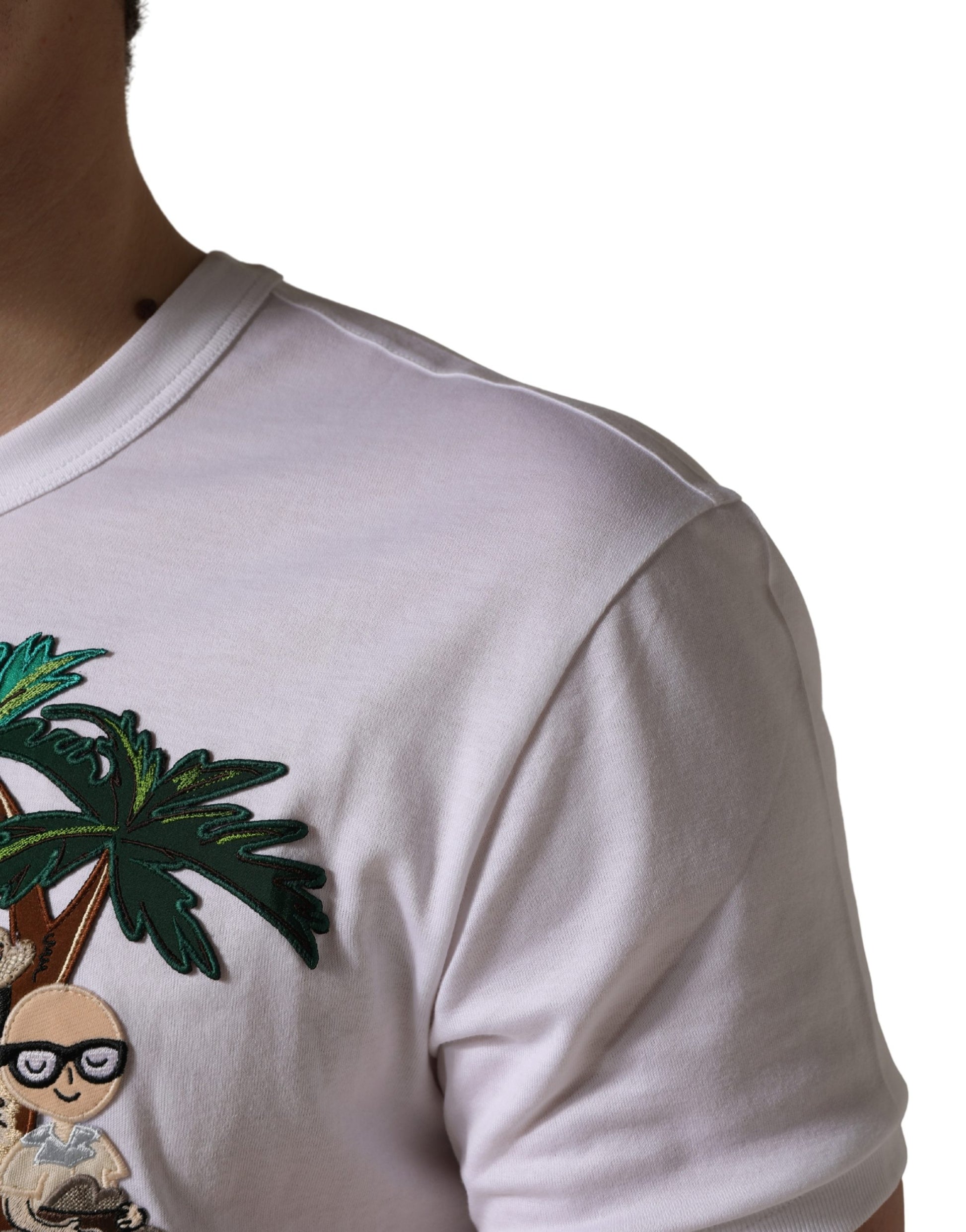 Dolce & Gabbana White Palm Embroidered Men Crew Neck T-shirt - ClickThatClicks 