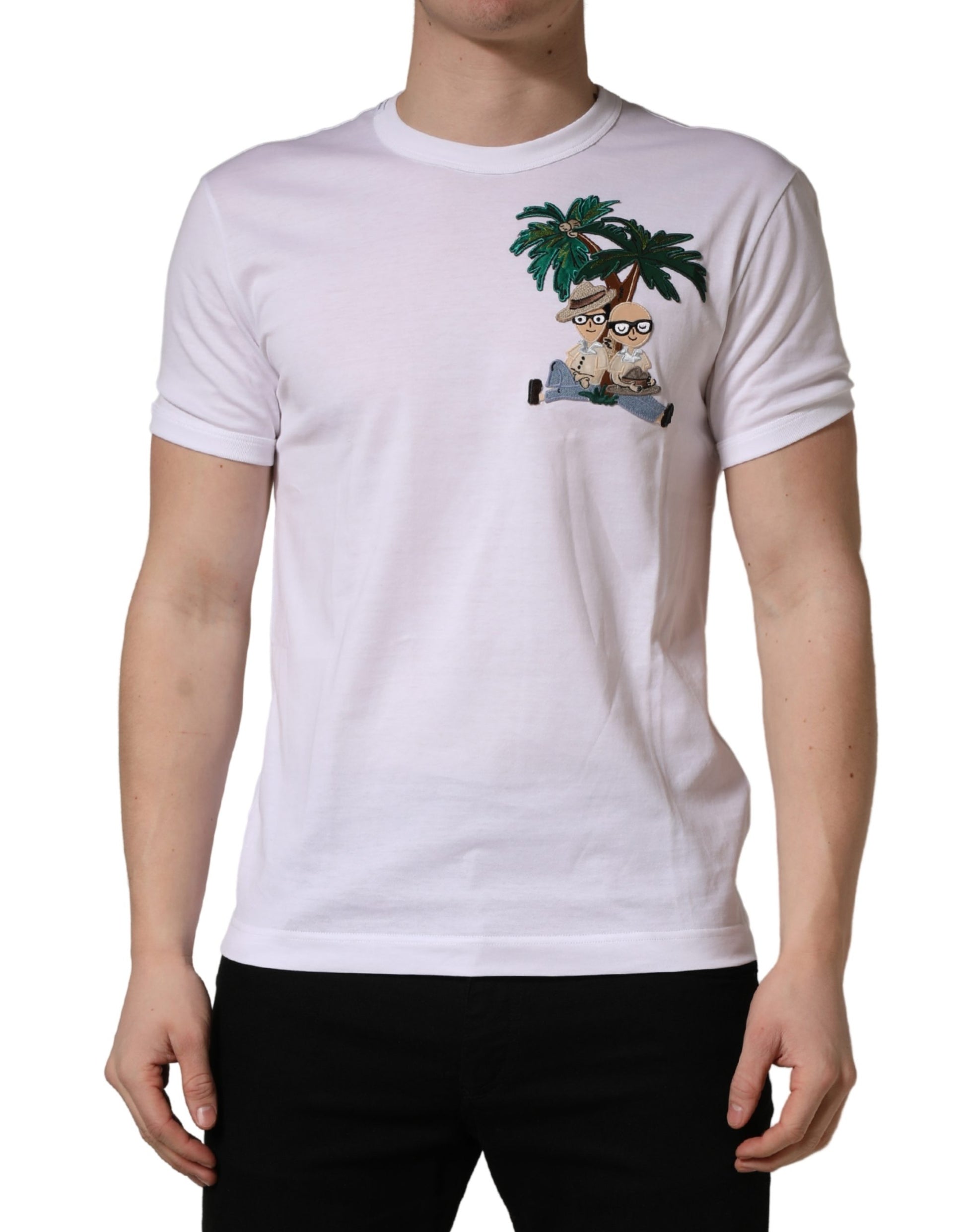 Dolce & Gabbana White Palm Embroidered Men Crew Neck T-shirt - ClickThatClicks 