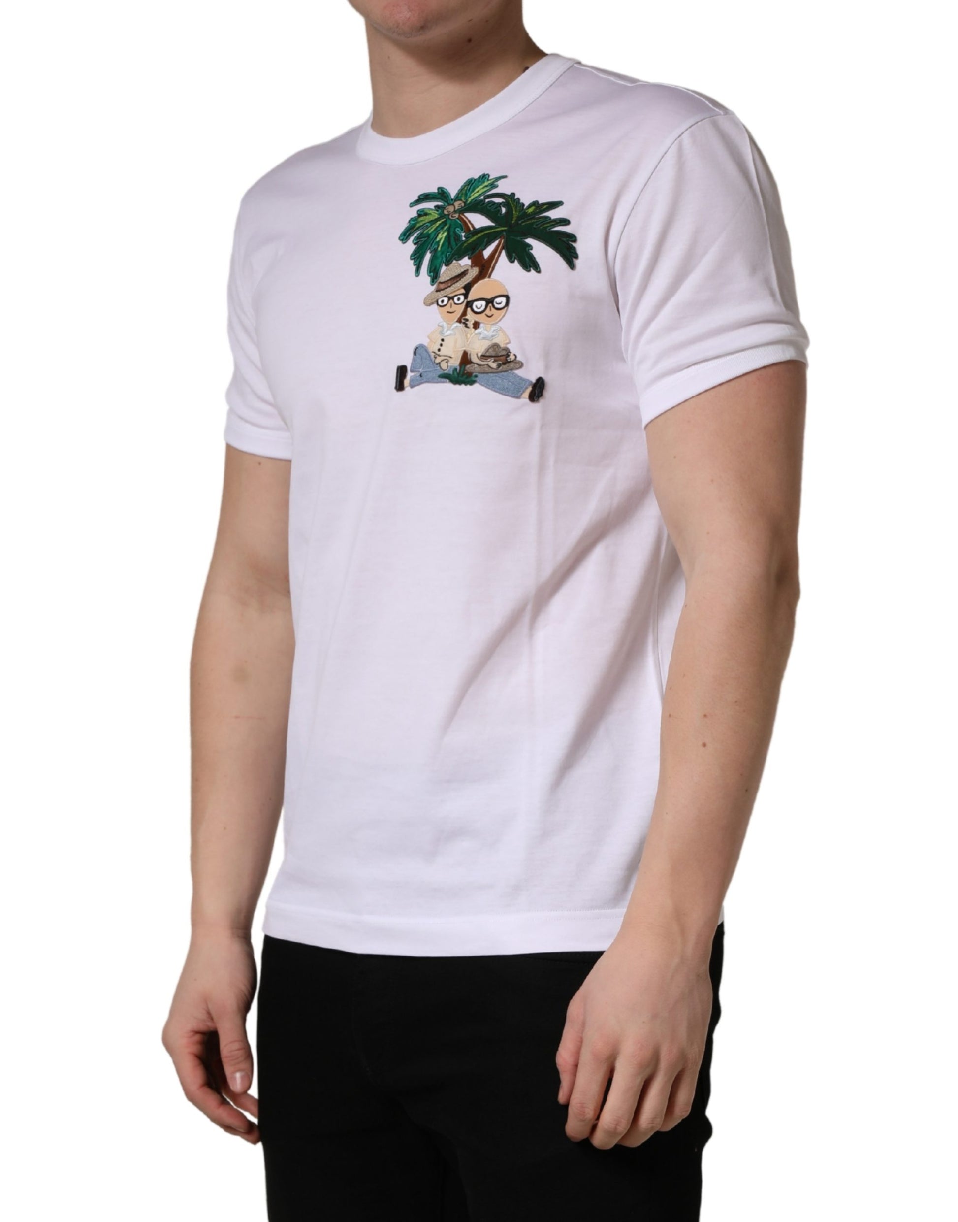 Dolce & Gabbana White Palm Embroidered Men Crew Neck T-shirt - ClickThatClicks 