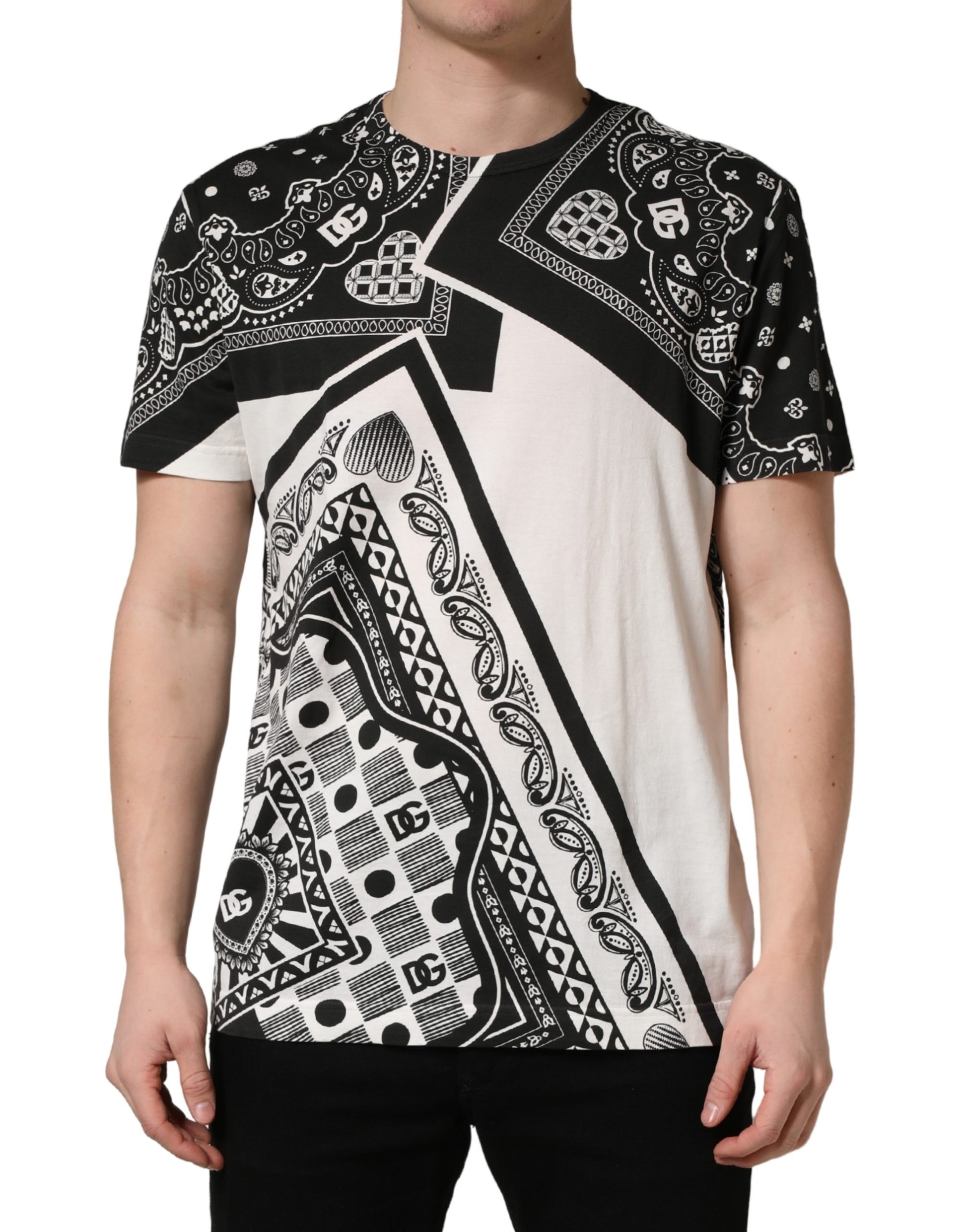 Dolce & Gabbana Black White Bandana Cotton Crew Neck  T-shirt - ClickThatClicks 