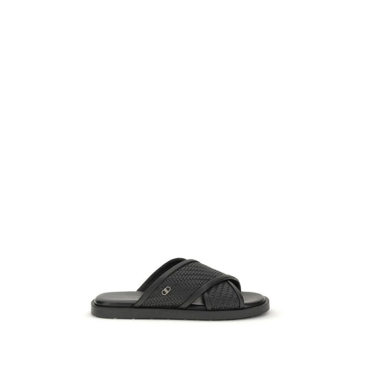Ferragamo Black Calf Leather Bos Taurus Flat Sandals - ClickThatClicks 