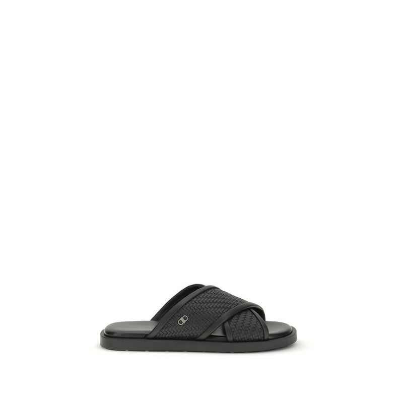 Ferragamo Black Calf Leather Bos Taurus Flat Sandals - ClickThatClicks 