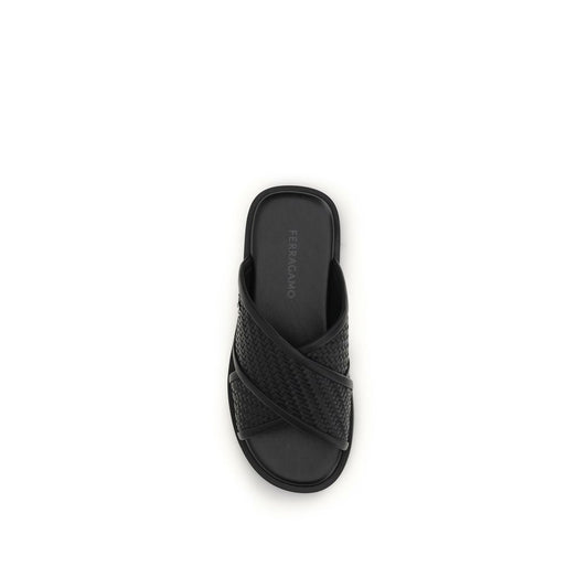 Ferragamo Black Calf Leather Bos Taurus Flat Sandals - ClickThatClicks 