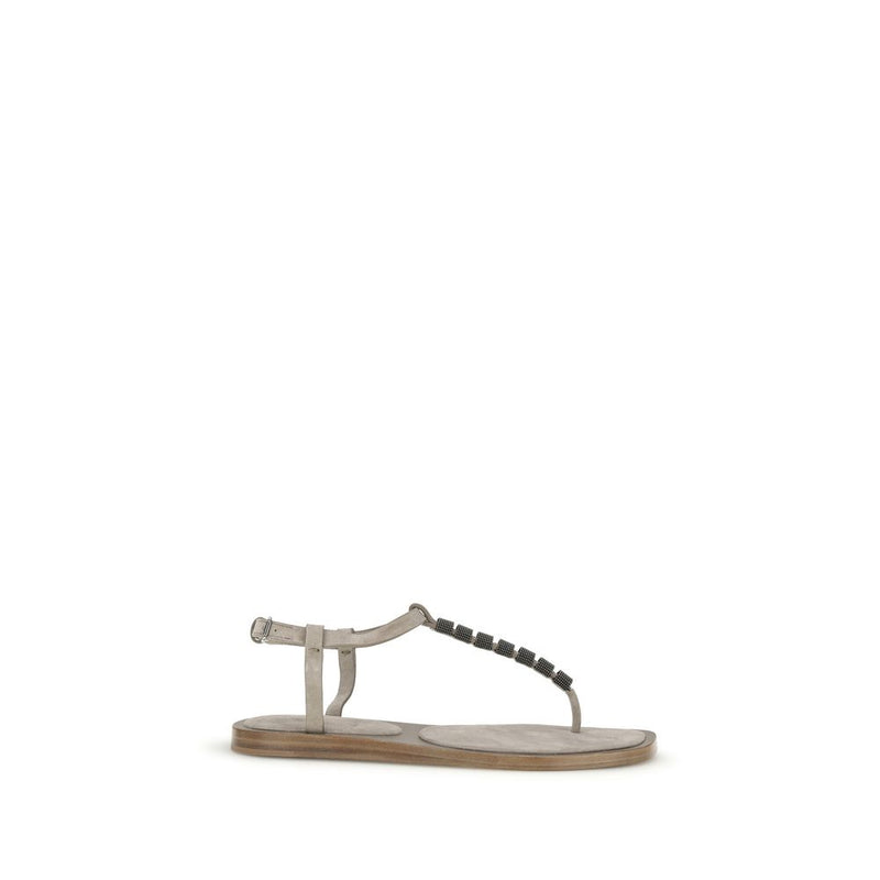 Brunello Cucinelli Beige Calf Leather Bos Taurus Flat Sandals