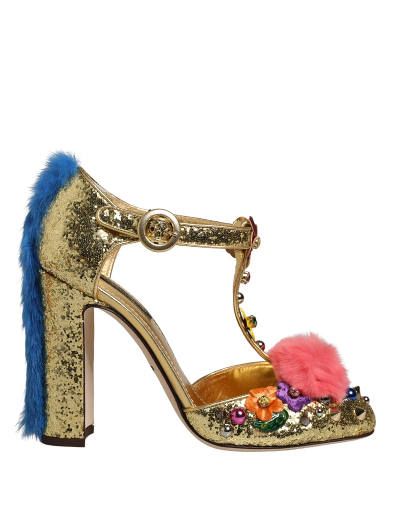 Dolce & Gabbana Gold Fur Trim Glitter T-strap Sandals Shoes