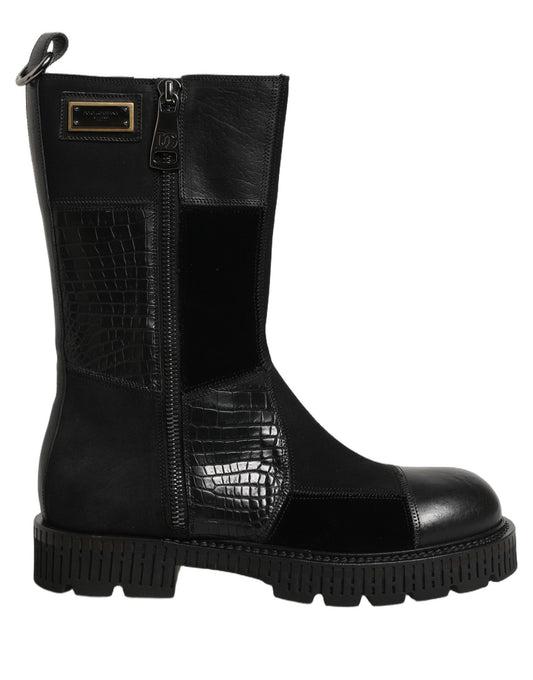 Dolce & Gabbana Black Patchwork Leather Mid Calf Boots Shoes