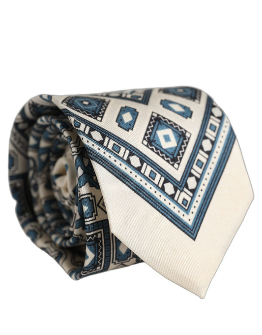 Dolce & Gabbana Men Off White Blue Geometric Adjustable Tied Necktie Tie