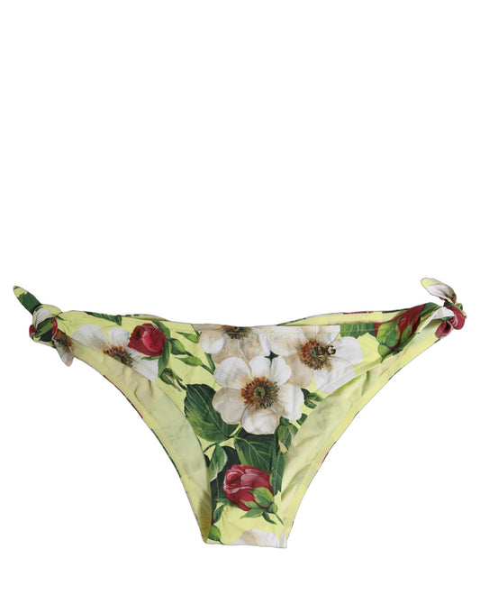 Dolce & Gabbana Yellow Floral Print Nylon Beachwear Bikini Bottom