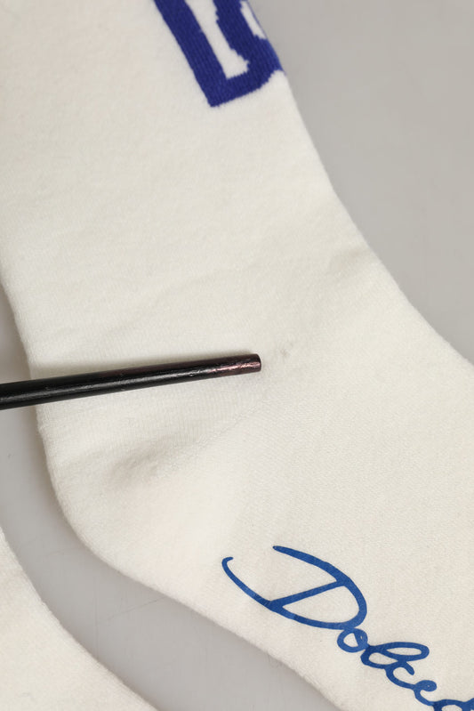 Dolce & Gabbana White Blue Cotton Logo Calf Women Accessory Socks