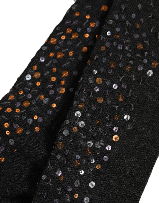 Dolce & Gabbana Dark Gray Sequined Wool Knee High Accessory Socks
