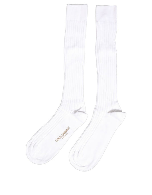 Dolce & Gabbana White Cotton Ribbed Logo Over The Calf Women Socks