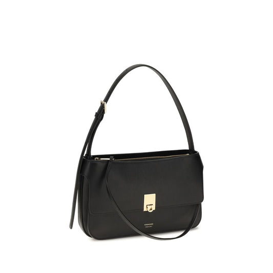 Ferragamo Black Calf Leather Bos Taurus Shoulder Bag