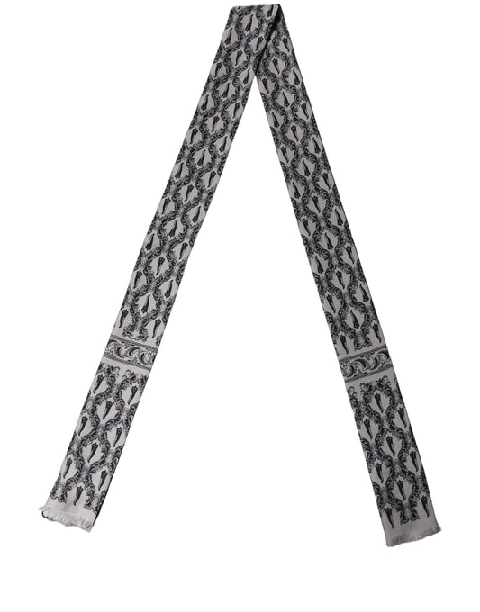 Dolce & Gabbana Gray Baroque Silk Fringed Skinny Foulard Scarf