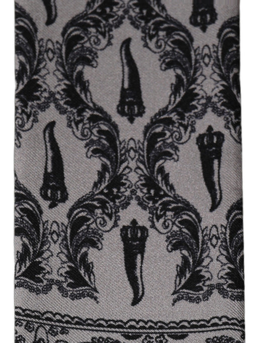 Dolce & Gabbana Gray Baroque Silk Fringed Skinny Foulard Scarf