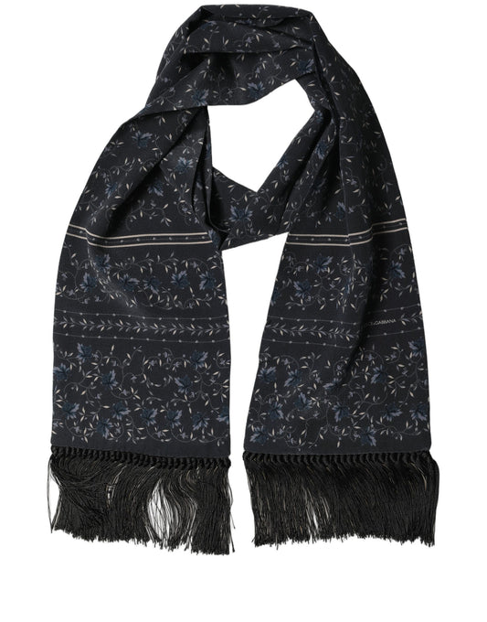 Dolce & Gabbana Blue Floral Silk Fringed Neck Shaw Scarf