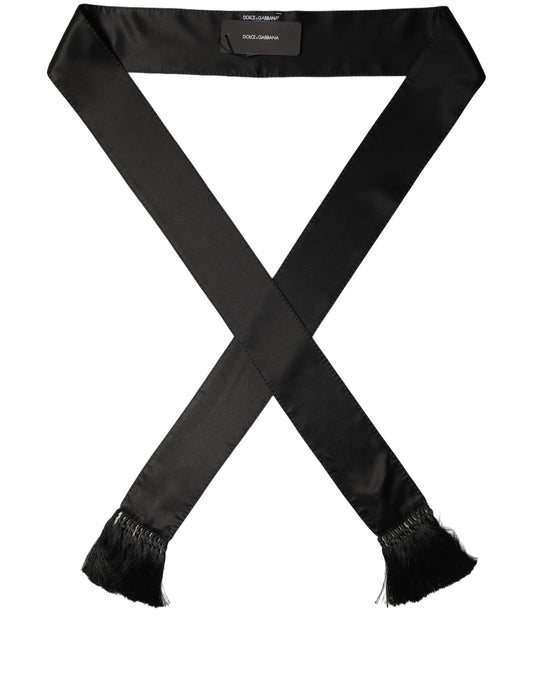 Dolce & Gabbana Black Satin Silk Skinny Fringed Shawl Scarf