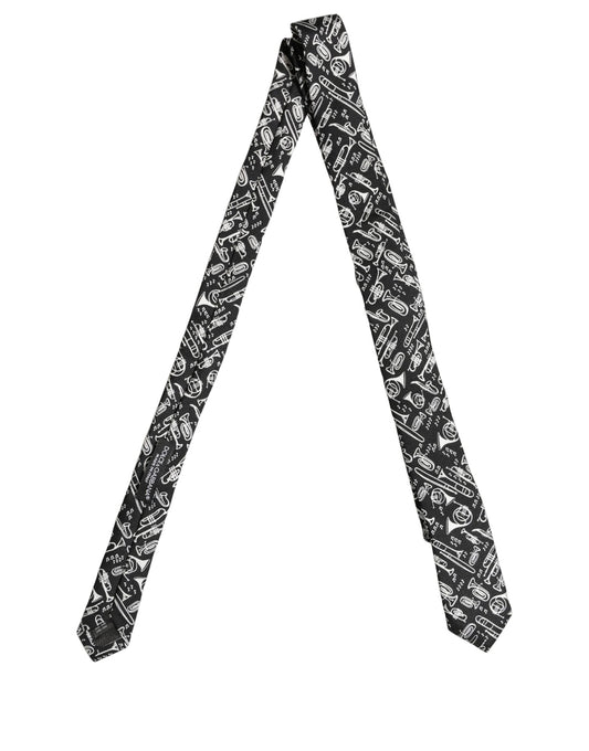 Dolce & Gabbana Black Musical Instrument Silk Adjustable Tied Necktie Tie