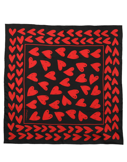 Dolce & Gabbana Black Red Silk Hearts Square Foulard Scarf