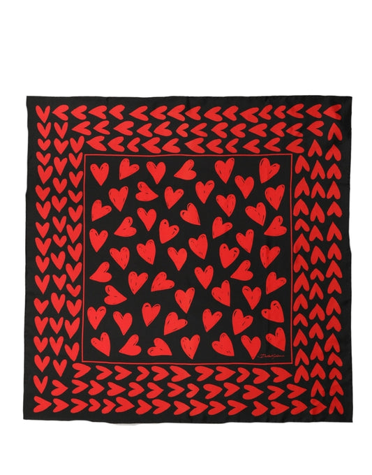 Dolce & Gabbana Black Red Silk Hearts Square Foulard Scarf