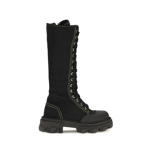 Ganni Black Cotton Lace-Up Boots