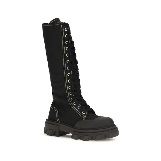 Ganni Black Cotton Lace-Up Boots