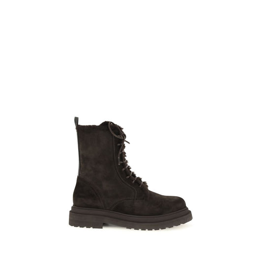 Brunello Cucinelli Black Calf Leather Bos Taurus Lace-Up Boots