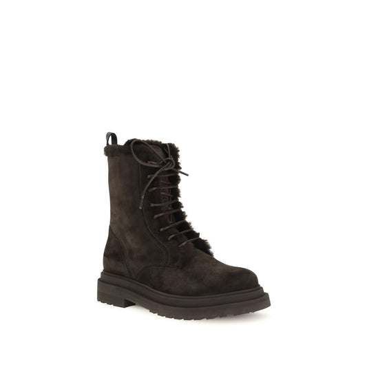 Brunello Cucinelli Black Calf Leather Bos Taurus Lace-Up Boots