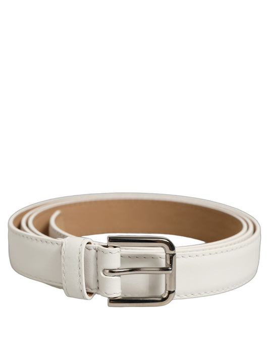 Dolce & Gabbana White Leather Silver Tone Metal Buckle Belt