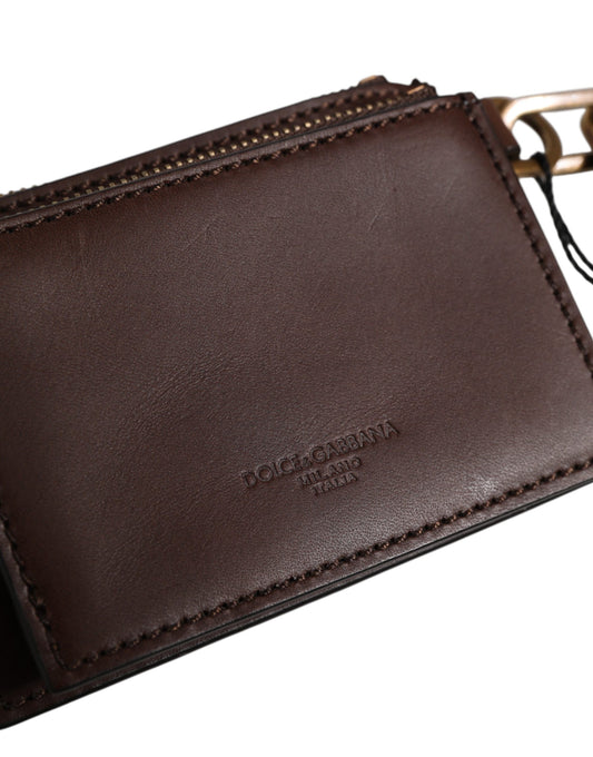 Dolce & Gabbana Brown Leather Logo Embossed Key Chain Coin Purse Wallet